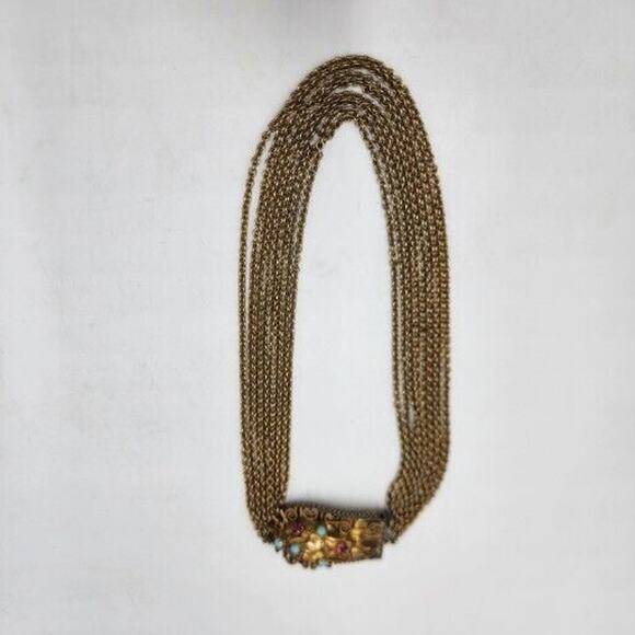 Vintage Art Nouveau Etruscan Revival Jewel Clasp Multi Strand Gold Tone Necklace - Picture 6 of 7